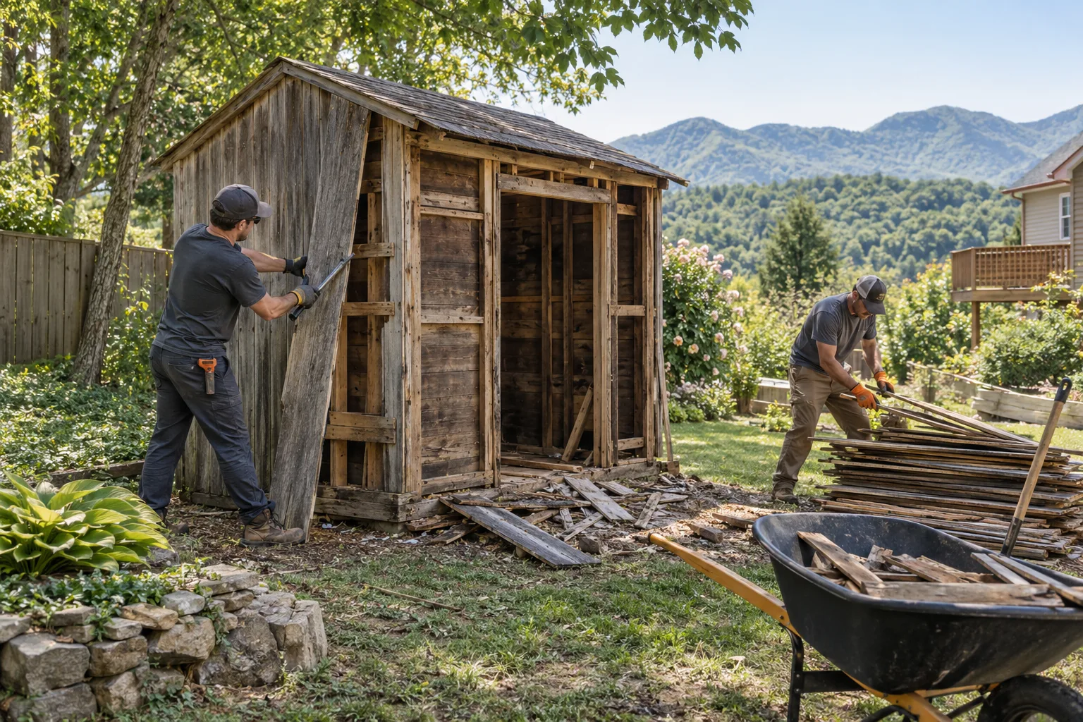 Crew dismantling a wooden backyard shed